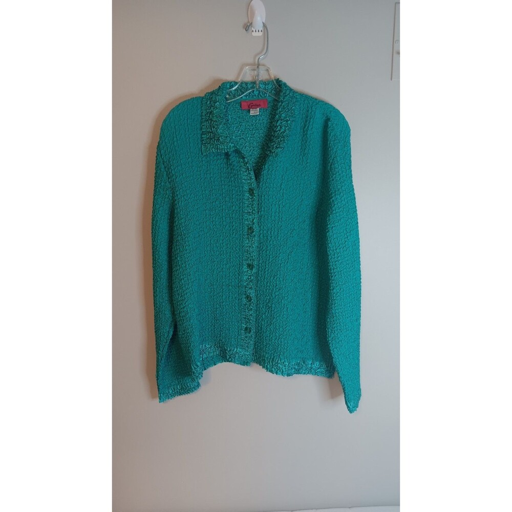 Vintage Carina Blouse Top Green Sz Large Button Up Long Sleeve Ruffle